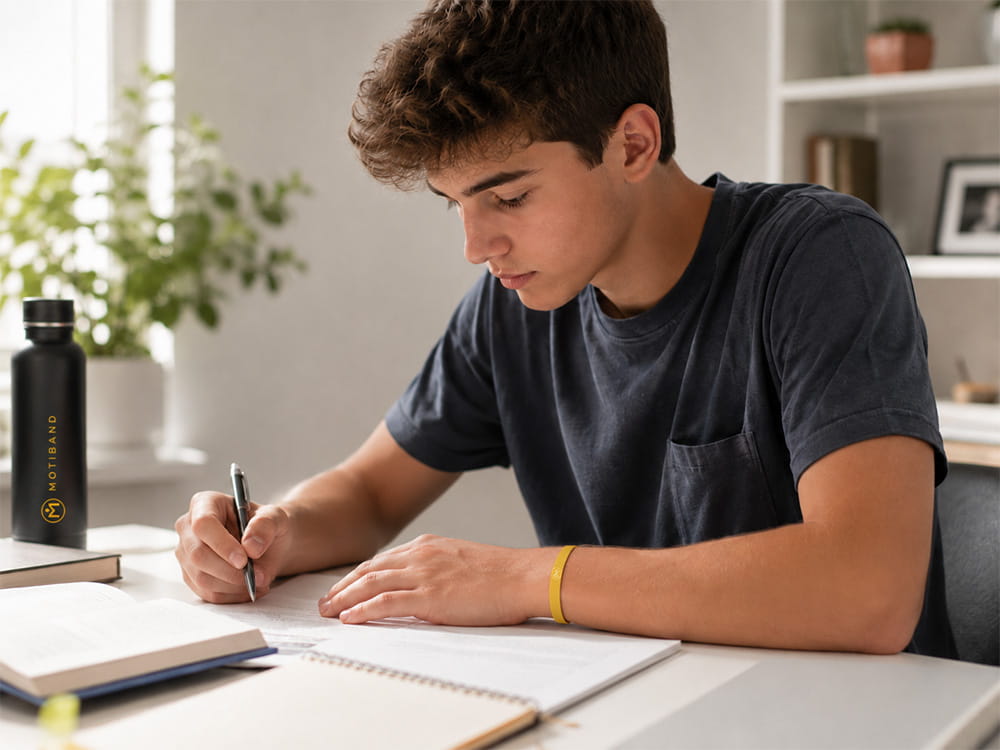 Student při domácím úkolu se žlutým náramkem Motiband
